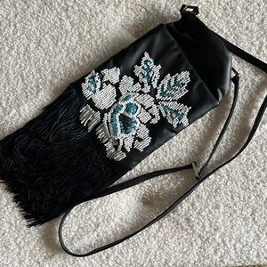 Cache Black Crossbody Bag with Beaded Floral Design